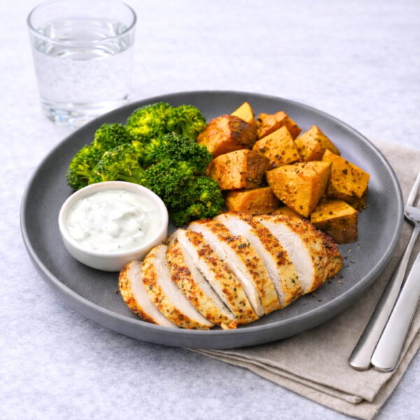 Proteinrik måltid Kycklingfilé med sötpotatis & yoghurtsås