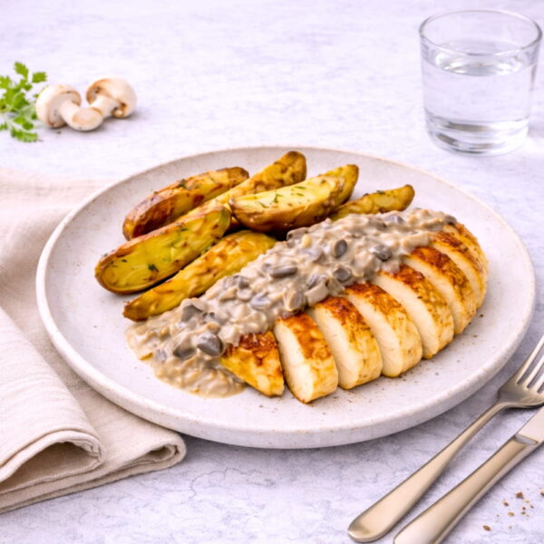 Svampsåskyckling med potatisklyftor