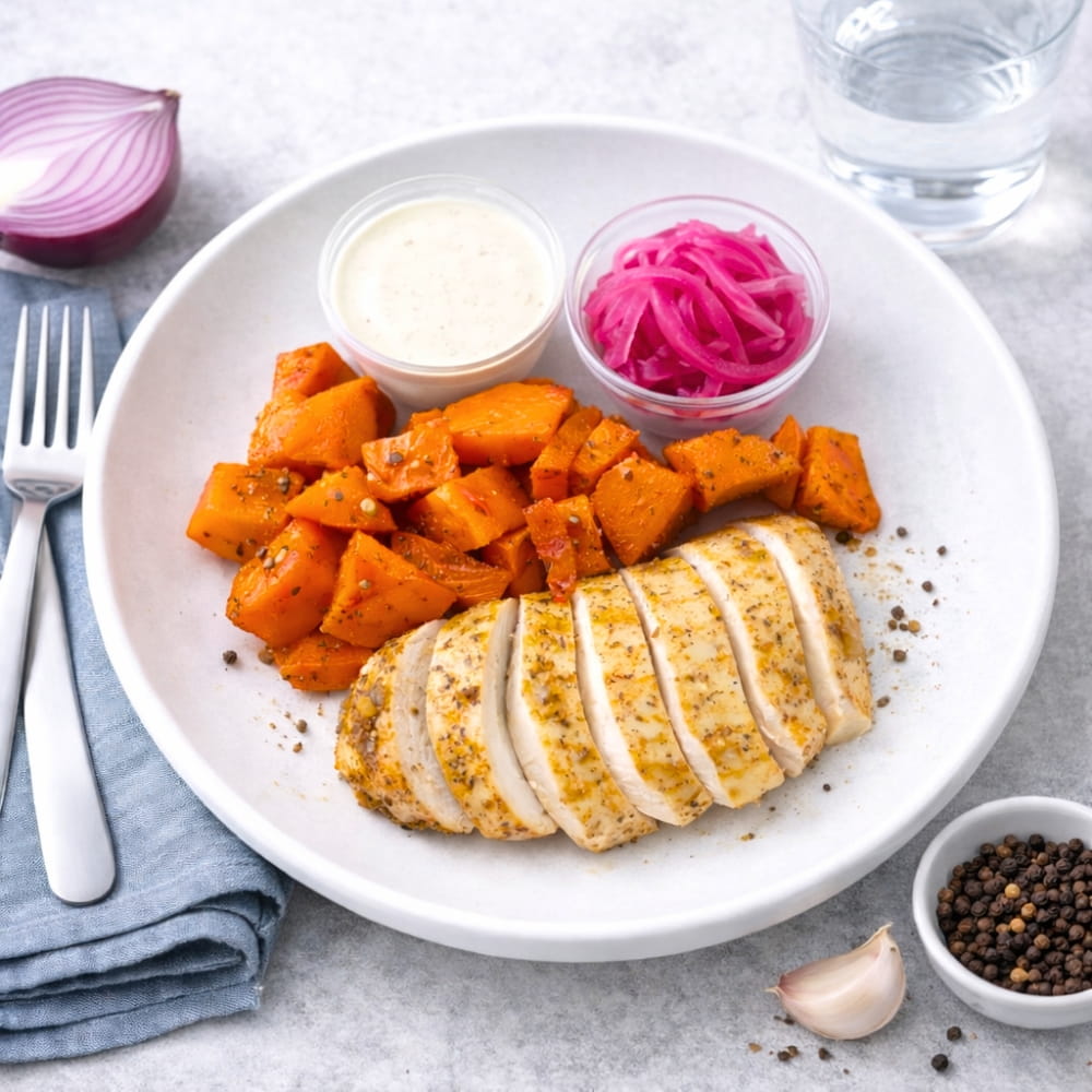 Kebabkyckling med sötpotatis & picklad lök