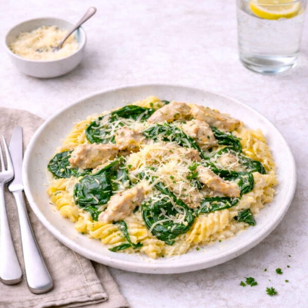 Proteinrik matlåda med Alfredokyckling med pasta & spenatsås