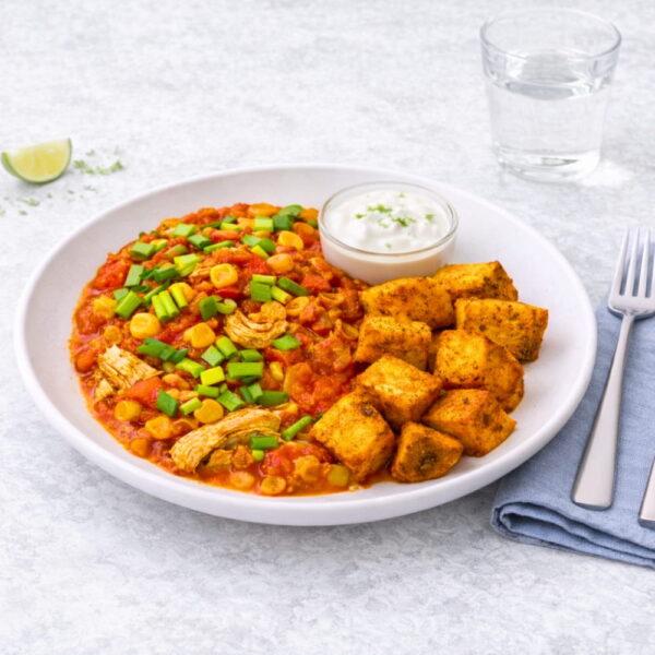 Kycklinggryta med sötpotatis & limesås - matlåda på tallrik från Macromeals.se