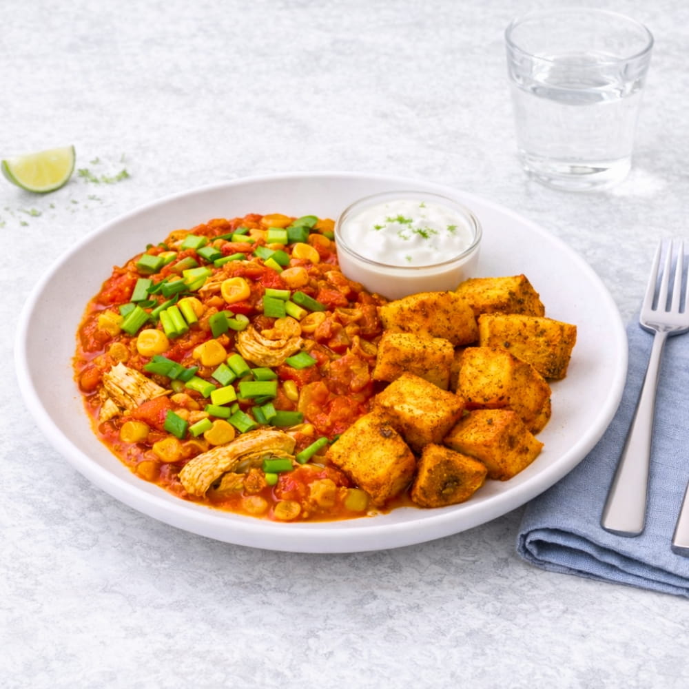 Kycklinggryta med sötpotatis & limesås - matlåda på tallrik från Macromeals.se